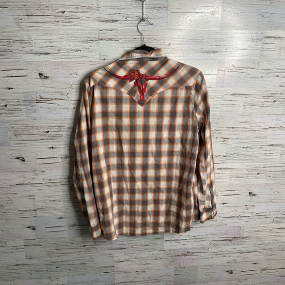 Wrangler brown red floral plaid blouse top size large western - Picture 8 of 14